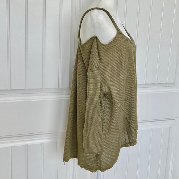 ANTHROPOLOGIE Deletta Millipa Cold Shoulder Waffle Knit Olive Swing Top - Med - Picture 6 of 13